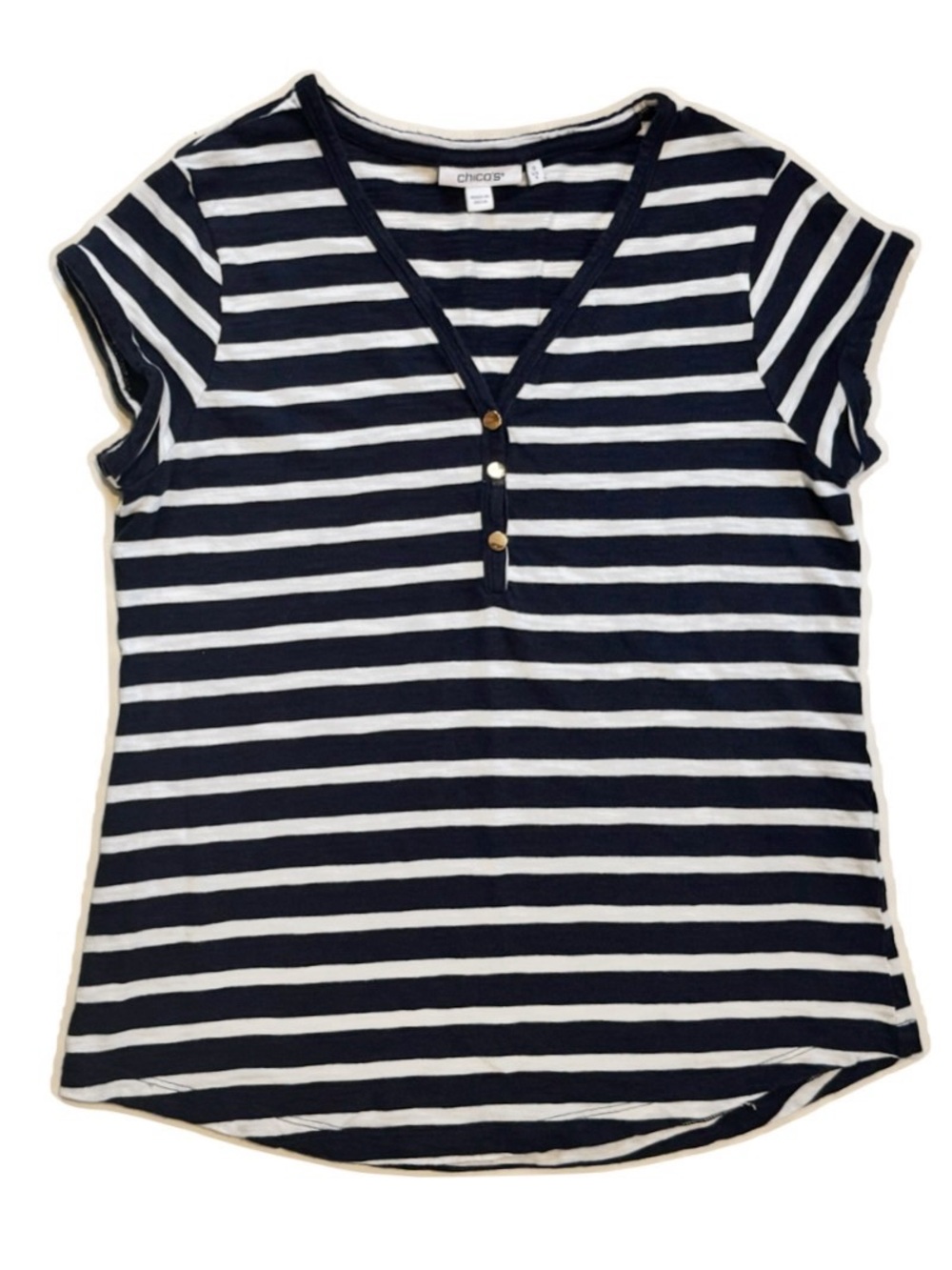 Chico’s Top 3 for 15 SALE CLEARANCE Navy Blue Striped Henley Short Sleeve Shirt